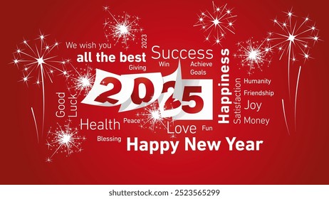 Happy New Year 2025 white word cloud text with 2025 calendar pages and light sparkle firework red background vector