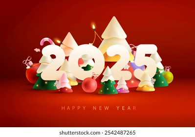 Happy New year 2025. White big letters with 3D colored christmas trees. Festive Christmas forest. Greeting card design.