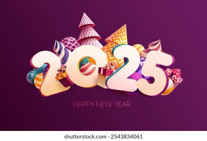 Happy New year 2025. White numbers with gift boxes and colorful christmas decoration. Festive greeting card design.