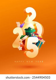 Happy New year 2025. White 3D data with Christmas tree and colorful gift boxes. Holiday poster design.