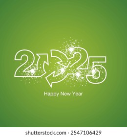 Feliz año Nuevo 2025 números de diseño de línea continua blanca reciclaje eco medio ambiente 2025 chispa fuegos artificiales tarjeta de felicitación verde