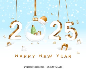 Happy New Year 2025. White and gold numbers on a blue and white snow background with a Christmas tree ball with snow, a Christmas tree and gift boxes inside. Light snowy festive background.