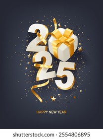 Happy New Year 2025. White 3D numbers with golden ribbons, gift box and confetti on a dark blue background.