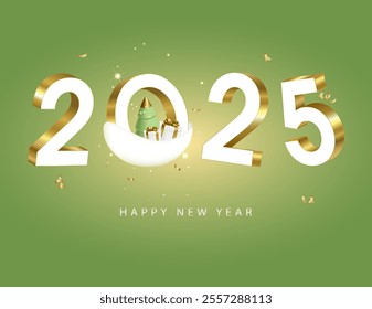 Happy New Year 2025. White and gold numbers on a light green background. In the number 0 there is snow, a Christmas tree and gift boxes. Light festive New Year background