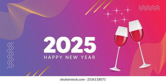 Feliz año Nuevo 2025 copa de vino con cartel de Vector brillante