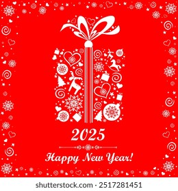 Happy new year 2025! Winter holidays.  Goodbye 2024 welcome 2025. sale. Vintage Christmas card. Celebration Gift box with ribbon. Vector illustration. Art design celebrate party invitation template.