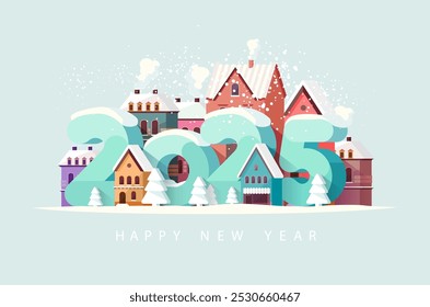 Happy New year 2025. Winter cityscape with big numbers. Christmas greeting card design.