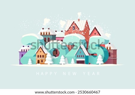 Happy New year 2025. Winter cityscape with big numbers. Christmas greeting card design.