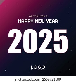 Happy new year 2025 wish greeting card dark purple background and text