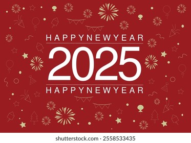 Happy new year 2025 wish with doodle design for banner, poster, card on red background