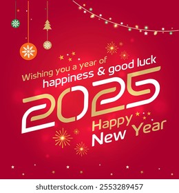 Happy New Year 2025 Wishes Card Abstract Red Background Creative Typography Vector design