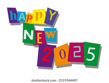 happy new year 2025, word and text cut from paper, in flat design