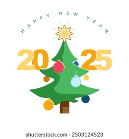 Happy New Year 2025. 2025. New Year's and Christmas green tree with toys and gifts. Banner, greeting card, Design template for brochure, card, flyer, brochure, white background. Vector illustration