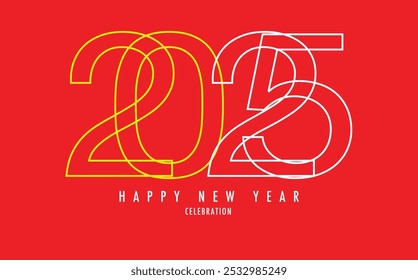 happy new year 2025 yellow monochrome text number on red color background design template, happy new year 2025 vector illustration, isolated on white background.