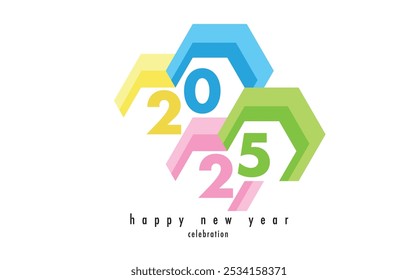 happy new year 2025 yellow cyan pink and lime green text number on white color background design template, happy new year 2025 vector illustration, isolated on white background.