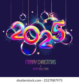 Happy New Year 2025.Colorful numerical design with iridescent Christmas decoration. Greeting card design.