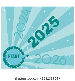 Happy new year 2025,Finger about to twist the start button 2025 with the text 2024,2025,2026 and start on twist button. flat vector modern illustration 