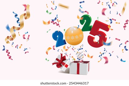 Happy New Year 2025,surprising box with numbers and colorful confetti jumping out like a jack in the box