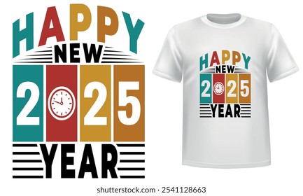 Feliz año Nuevo 2025, tipografía y diseño de camiseta blanca de Vector.