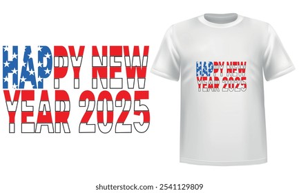 Feliz año Nuevo 2025, diseño de camiseta blanca de tipografía.