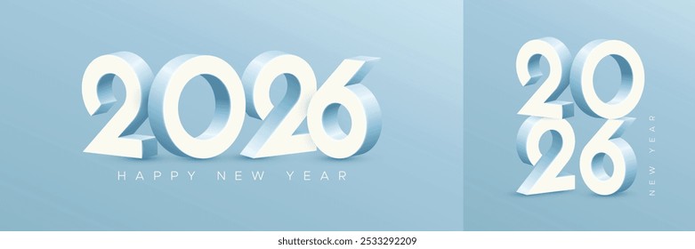 Feliz ano novo 2026 com números 3D no fundo azul bebê macio. Modelo de saudação e celebração de ano novo 2026