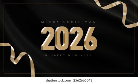 Happy new year 2026. 3D vector Festive design with Golden metal numbers on a background of black textile. Luxury design for Christmas and New Year greeting card, invitations