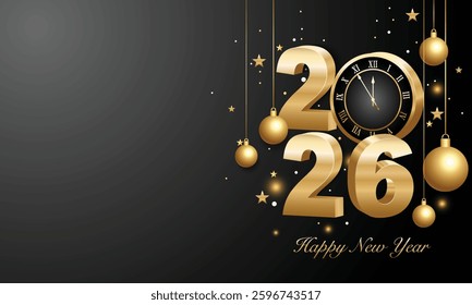 Happy new year 2026. 3d gold numbers with golden Christmas decoration and confetti on dark  background. Holiday greeting card design.