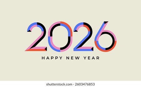 Happy New Year 2026 3d retro with geometric minimalist shapes, celebration, greeting card, invitation, calendar concept. Design template post new year 2026.
