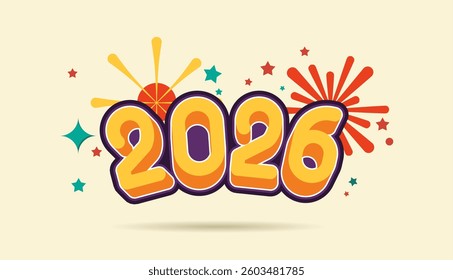 Happy New Year 2026 3d doodle colourful with fireworks, celebration, greeting card, invitation, calendar concept. Design template post new year 2026.