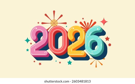 Happy New Year 2026 3d doodle cheerful colour with fireworks, celebration, greeting card, invitation, calendar concept. Design template post new year 2026.