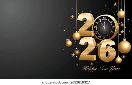 Happy new year 2026. 3d gold numbers with golden Christmas decoration and confetti on dark  background. Holiday greeting card design.