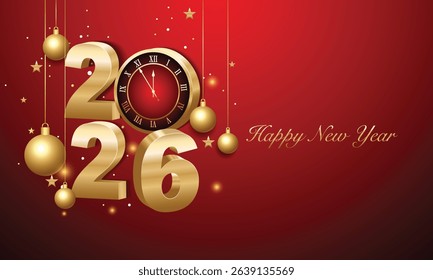 Happy new year 2026. 3d gold numbers with golden Christmas decoration and confetti on dark  background. Holiday greeting card design.