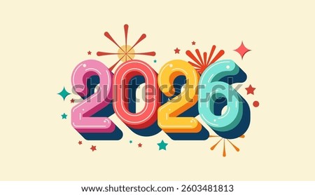 Happy New Year 2026 3d doodle cheerful colour with fireworks, celebration, greeting card, invitation, calendar concept. Design template post new year 2026.