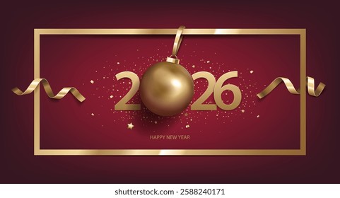 Happy New Year 2026 background with Christmas decoration and confetti in golden frame on red background. 

