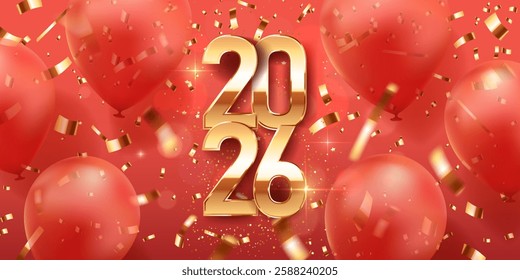 Happy new year 2026 background. Golden shiny numbers on a red background with golden confetti and balloons. Holiday greeting card design.