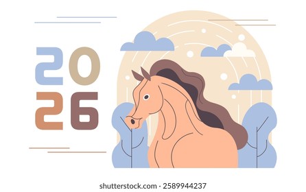 Happy New Year 2026 background with abstract horse in nature. Year of the Horse. Modern greeting card. Illustration