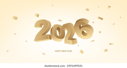 Happy New Year 2026 background. Golden 3D numbers and confetti on a bright background.