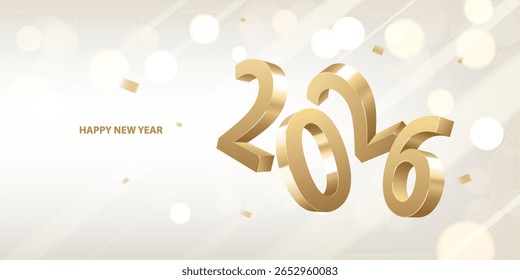 Feliz año nuevo 2026 de fondo. Números brillantes dorados sobre un fondo blanco con confeti dorado. Diseño de tarjeta de felicitación de Festiva.
