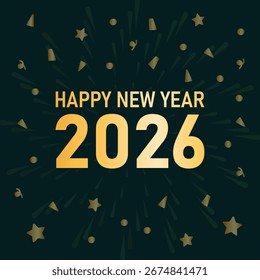 Happy New Year 2026 background with fireworks, festive celebration greeting card, holiday party invitation, elegant typography, vector illustration