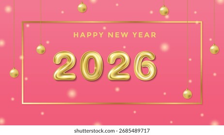 Frohes neues Jahr 2026 Hintergrundvorlage. Romantische Ferien-Vektorgrafik von 3D-Ballonnummern 2026. Minimalistischer 2026 Gold Helium Ballon Zahlen Hintergrund