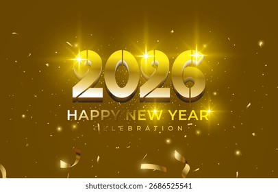 fundo feliz ano novo 2026 com texto 3d dourado e brilho brilhante