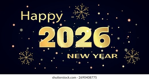 Happy New Year 2026 Hintergrund, festliches dekoratives glänzendes Design, goldener funkelnder Staub, goldener funkelnder Glitzer, Schneeflocken, Neujahrskonzept, Vektorgrafik
