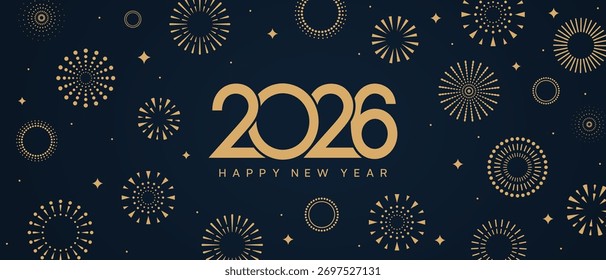 Happy New Year 2026 Hintergrund. Goldzahlen auf blauem Hintergrund unter goldenem Feuerwerk.