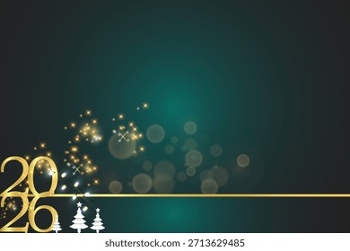 Happy New Year 2026 Hintergrund mit Weihnachtsbaum und Schneeflocken funkelt