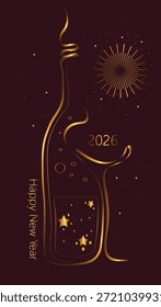 Feliz Ano Novo 2026 Fundo com folhas verdes e gotas de orvalho, Ilustração de natureza elegante com luzes Bokeh brilhantes e citação inspiradora no fundo verde escuro