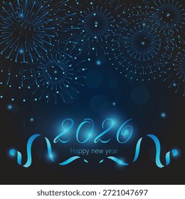 Fondo feliz del año Nuevo 2026 con números dorados, fuegos artificiales festivos y estrellas brillantes en el cielo nocturno oscuro. Ilustración vectorial de vacaciones de lujo para tarjetas de felicitación e invitaciones de fiesta.