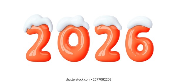 Happy New Year 2026. Balloon red numbers under snow cap. Winter holiday icon. Vector greeting elements for Christmas, winter holiday, Xmas design. Cartoon vector illustration