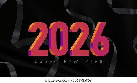 Happy New Year 2026 banner with the purple and pink metallic numbers and a dark serpentine on a background of black cloth. Modern design for New Year and Christmas banners, invitations. 3D vector