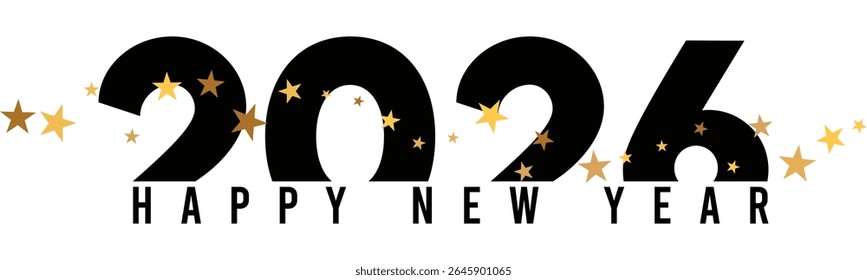 Happy new year 2026 banner transparent vector. Greeting card with gold flying stars