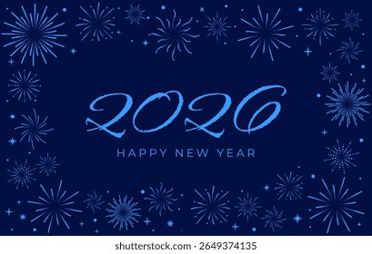 Happy New Year 2026 Banner with Text 2026 and Fireworks on Blue Background. Horizontal Vector template.